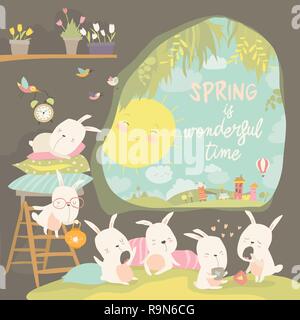Cute rabbits awaking in hole. Hello spring Stock Vector
