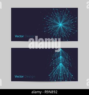 Set of horizontal banners. Abstract snowflake and fir tree made of connected lines and dots Stock Vector