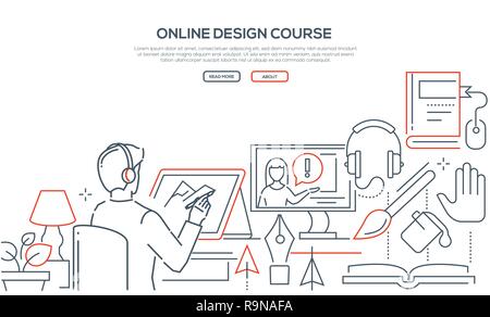 Online design course - modern line design style web banner Stock Vector