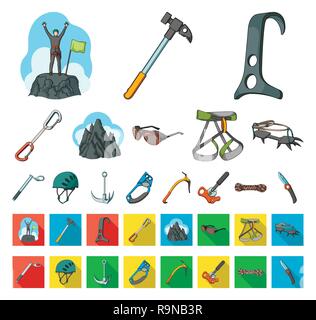 Mountaineering and climbing cartoon,flat icons in set collection for design. Equipment and accessories vector symbol stock  illustration. Stock Vector