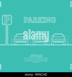 Abstract background with cars and road sign. Parking zone. Vector element of graphical design. Flat style. Stock Vector