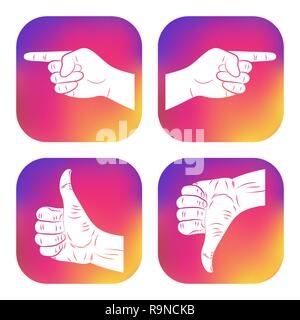 Set of icons with hands. New design for applications, web, social networks. Thumbs up. Like. Dislike. Good. Ok. Pointing finger icon. Navigation, dire Stock Vector