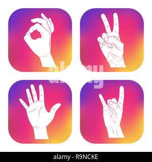 Set of icons with hands. New design for applications, web, social networks. Gesture ok sign. Victory. Palm. Rock. Stock Vector