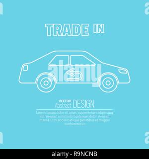 Сar sketch with the return arrow in linear style on a blue background.  Trade in icon. Concept of an exchange of the car with surcharge. Stock Vector