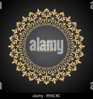 Circular baroque pattern. Round floral ornament. Vintage frame. Greeting card. Wedding invitation. Retro style. Vector logo template, labels and badge Stock Vector