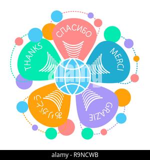 symbol of gratitude, unity, peace in the form of a flower with inscriptions thanks in different languages. Icon in the linear style Stock Vector