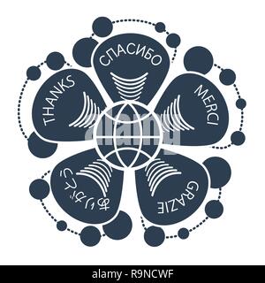 symbol of gratitude, unity, peace in the form of a flower with inscriptions thanks in different languages. Icon black and white in the linear style Stock Vector