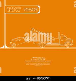 Tow truck concept. Tow truck evacuating the car. Round the clock evacuation of cars. Design can be used as a logo, a poster, advertising, singboard. V Stock Vector