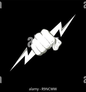 The fist squeezing a lightning. The vector illustration symbolizing force, the power. A logo, a sign for the power companies, fight club. Design eleme Stock Vector