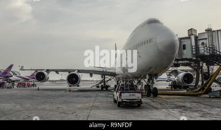 Bangkok, Thailand - Sep 15, 2018. A Boeing 747-400 airplane of Thai Airways docking at Bangkok Suvarnabhumi Airport. Stock Photo