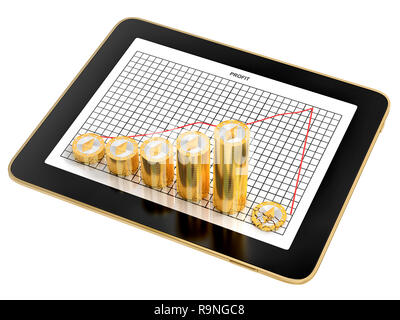 Ethereum Crash - Tablet showing profit chart with stacks of golden Ethereum coins on it - 3D Rendering Stock Photo