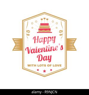 Happy Valentines Day. With lots of love. Stamp, overlay, badge, card with cake, firework, serpentine. Vector. Vintage typography design. Valentines Day romantic celebration emblem in retro style Stock Vector