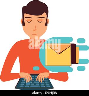 young man with keyboard and envelope mail vector illustration design Stock Vector