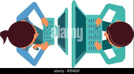 view aerial of couple with computers vector illustration design Stock Vector