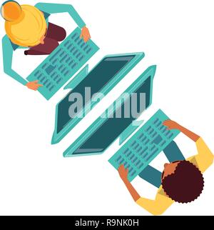 view aerial of couple with desktop computers vector illustration design Stock Vector