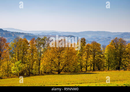 Landscape painted in beautiful autumn colors. Picturesque Czech Paradise with hills, rocks and old castles. Stock Photo