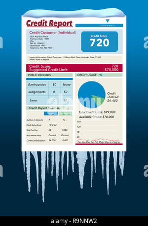 An icy, snow covered credit report in a snowstorm illustrates the idea of freezing your credit report. This is a credit freeze and this is an illustra Stock Photo