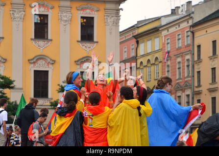 KRAKOW, POLAND - JUL 27, 2016: World youth day 2016.International Catholic youth Convention. Young people on Main Square in Krakow. Stock Photo