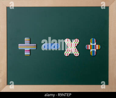 Math, school concept. Green chalkboard with wooden frame, colorful operation signs Stock Photo