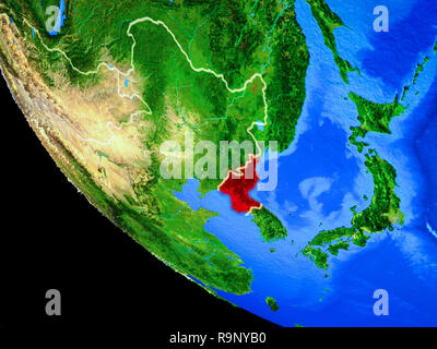 North Korea on model of planet Earth with country borders and very ...