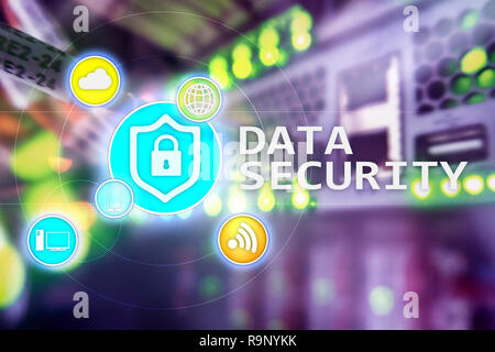Data security, cyber crime prevention, Digital information protection. Lock icons and server room background. Stock Photo