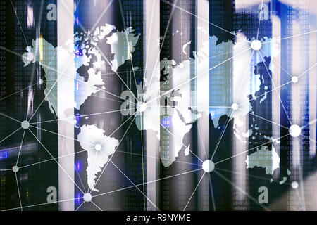 World map with communication network on server room background. Stock Photo
