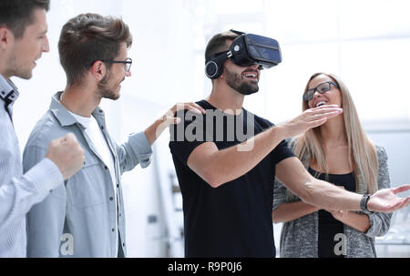 man wearing virtual reality glasses Stock Photo