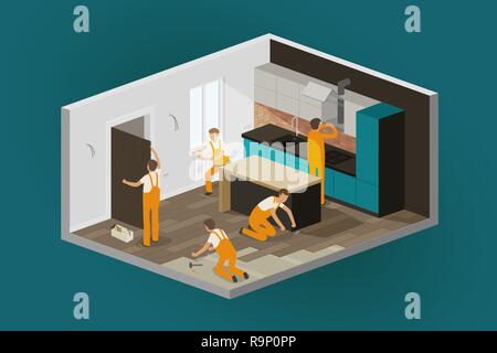 Renovation interior, home repair. Construction, isometric vector illustration Stock Vector