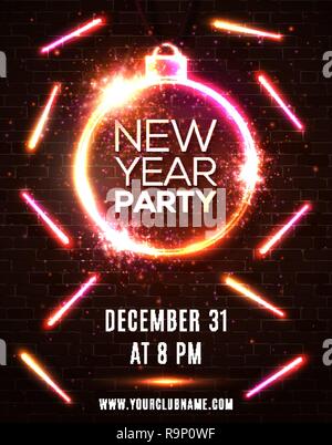 New Year party celebration poster template. Xmas decoration round neon frame shaped as ball or bauble on shiny colorful red brick wall background. Bright vector holiday premium invitation flyer banner Stock Vector