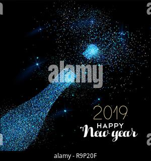New Year luxury greeting card illustration, champagne bottle made of blue glitter texture on black midnight background with holiday text quote. Stock Vector