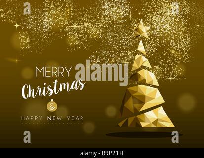 Merry christmas and happy new year gold pine tree in hipster triangle low poly style on golden background. Xmas greeting card or elegant holiday party Stock Vector