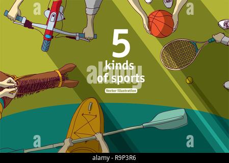 Kinds of sports basketball bicycle horsemanship kayak and tennis Stock Vector