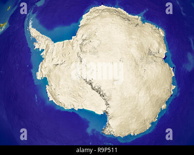 Antarctica from space on Earth with country borders. Very fine detail of the plastic planet surface and blue oceans. 3D illustration. Elements of this Stock Photo