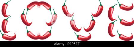 Valentines Day. Word Love from chili peppers. Realistic spice illustration Stock Vector