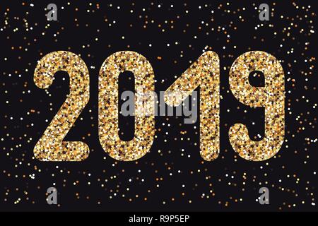 2019 Figures from gold sparkles. For Christmas invitations, banners, price tags, posters. Dark background with sparkles Stock Vector