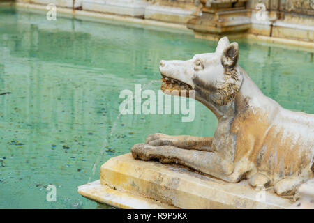 She walf detail of Fonte Gaia is monumental fountain in Piazza del Campo in Siena. Tuscany, Italy Stock Photo