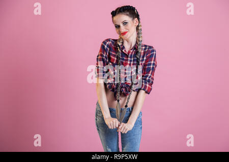 beautiful female mechanic in the garage portret Stock Photo