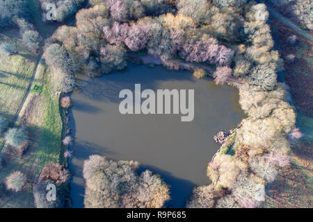 aerial view across ditchling common and pond in west sussex england by drone Stock Photo