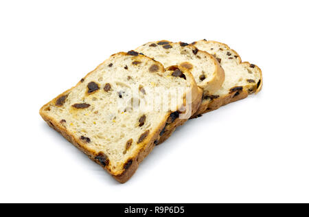 Two Slices of Freshly Cooked Fruit Bread lying flat on a white background Stock Photo