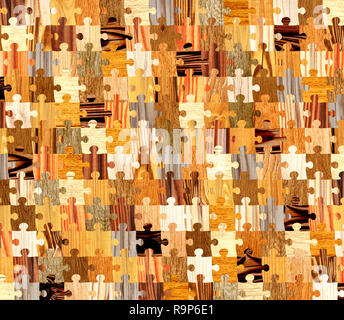 Background with wooden patterns of different colors and puzzle shapes. Endless texture can be used for wallpaper, pattern fills, web page background,  Stock Photo