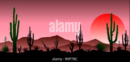 Sunset in the red stony desert.  Silhouettes of stones, cacti and plants. Desert landscape with cacti. The stony desert. Stock Vector