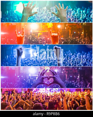 Rock concert, silhouettes of happy people raising up hands. Collage. The music, party, event, festival, dance, entertainment and nightclub concept Stock Photo