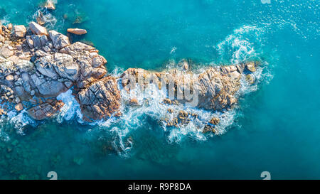 Tropical island with sea and palm taken from drone. Seychelles aerial photo. St Pierre Island Stock Photo