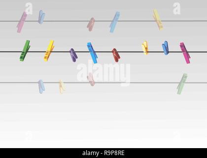 Colored clothes pins on a clothes line rope on gray background . 10 eps Stock Vector