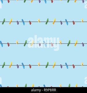 Seamless pattern Colored clothes pins on a clothes line rope on blue background 10 eps Stock Vector