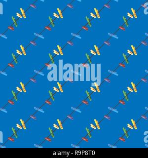 Colored clothes pins on a clothes line rope on blue background. Seamless pattern 10 eps Stock Vector