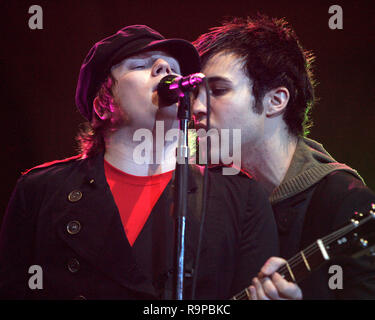 Patrick Stump (L) and Peter Wentz with Fall Out Boy perform in concert at the Bank United Center in Coral Gables, Florida on April 26, 2006. Stock Photo