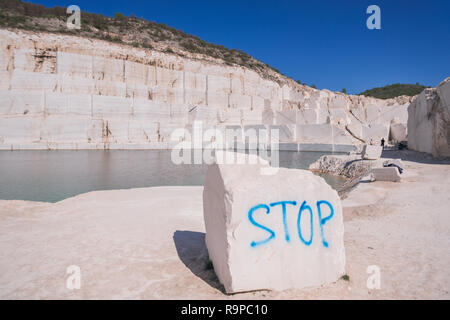 stop sign in Quarry of white marble statuary Stock Photo