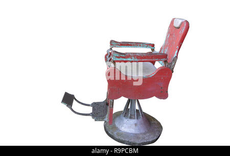 Old red barber chair isolate on white background with clipping path. Stock Photo