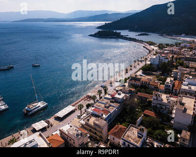 Flying over Methana sailing yaht marina in Aegean sea, Greece. Stock Photo